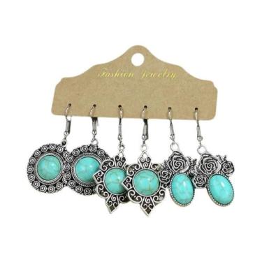 Imagem de Brincos Pendentes De Flor Com Incrustações De Turquesa, Estilo Étnico,