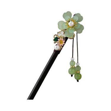 Imagem de Grampo De Cabelo Magnolia De Vidro Transparente Com Franjas De Madeira