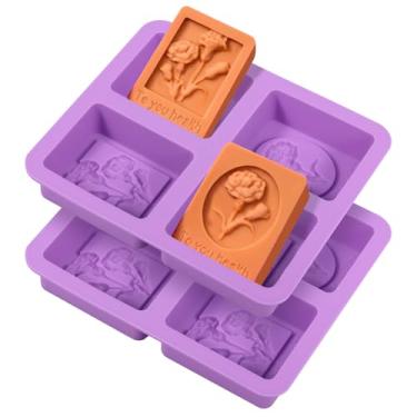 Imagem de UKQRRTC Pacote com 2 moldes de silicone, molde retangular de sabão de silicone com 4 cavidades com design requintado em relevo floral 3D, fácil de limpar para sabonete, barra de loção, bombas de banho