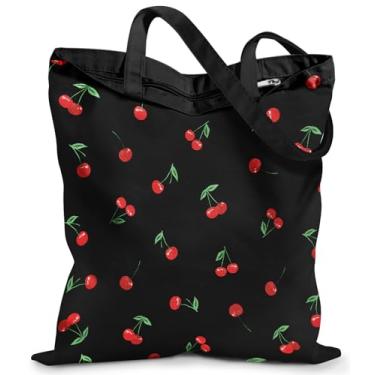 Imagem de Miss Adola Sacola feminina de lona – Lindas bolsas de lona com zíper design estético, sacolas reutilizáveis para compras, trabalho, viagens, férias, dia a dia, cereja preta