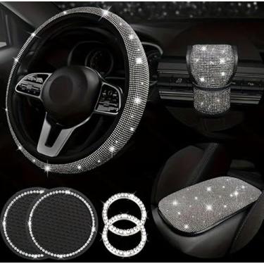 Imagem de Conjunto de 7 peças de acessórios de carro brilhantes para mulheres, capa de volante, capas de cinto de segurança brilhantes, capa de câmbio de marcha, ajuste universal na maioria dos carros (diamante