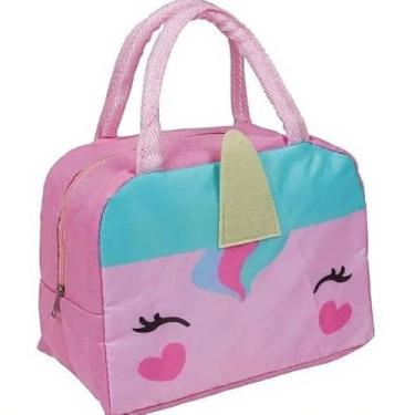 Imagem de Bolsa Térmica Infantil 3D, Lancheira Escolar com Alça, Design Animais, Material Oxford, Isolamento Térmico, (Unicórnio Rosa)