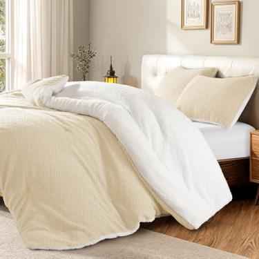 Imagem de DEITAS Conjunto de edredom Queen com 3 peças, design jacquard 3D, colcha de ovelha supermacia e quente para o inverno, 1 edredom e 2 fronhas, branco creme