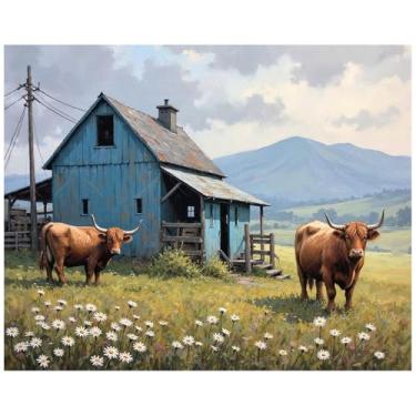 Imagem de Kit de pintura de cena de fazenda por números para adultos - celeiro faça você mesmo com vacas e pintura de paisagem de montanha em tela, conjunto de tinta acrílica, adequado para iniciantes