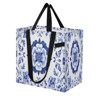 Imagem de SEHANY Sacolas de compras reutilizáveis de porcelana azul e branca com alças reforçadas, bolsa de compras de lona dobrável à prova d'água de grande capacidade para viagem, cozinha, praia