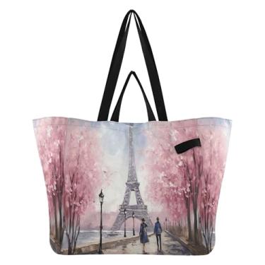 Imagem de SEHANY Sacola de compras reutilizável da Torre Eiffel de Paris com alças reforçadas, bolsa de compras de lona dobrável à prova d'água de grande capacidade para viagem, cozinha, praia