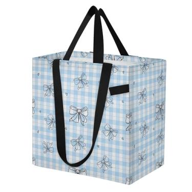 Imagem de SEHANY Sacolas de compras reutilizáveis com laço azul fofo com alças reforçadas, bolsa de compras de lona dobrável à prova d'água de grande capacidade para viagem, cozinha, praia