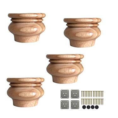 Imagem de U5GAAALPPQ9 Conjunto de 4 pernas de móveis de madeira maciça 5 cm pés de coque de madeira redondos de substituição com placa de montagem e parafusos para armário de sofá, suporte de TV, sofá otomano