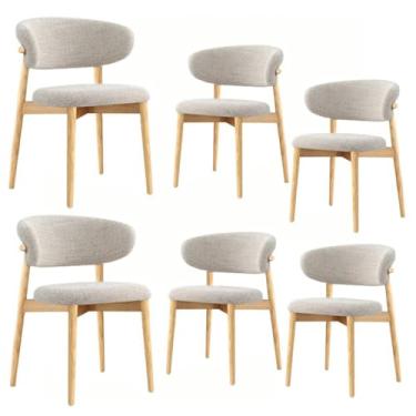 Imagem de 6 cadeiras de jantar modernas de meados do século, cadeira de lazer estofada de madeira maciça sem braços com encosto, costas abertas curvadas para sala de estar quarto e varanda (cor: cáqui)