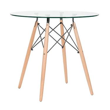 Imagem de Loft7, Mesa De Jantar Redonda Eames Eiffel Com Tampo De Vidro E Base De Madeira E Aço 80 Cm Cozinha Sala De Jantar Bar Cafeteria