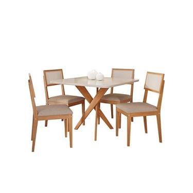 Imagem de Mesa Quadrada Para Sala De Jantar Tampo Quadrado com Vidro Cacau 95x95cm 4 Cadeiras Encanto Madeira/Offwhite/Linho Bege
