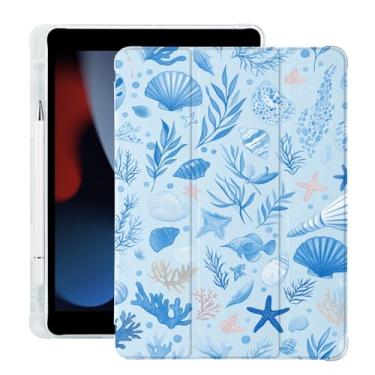 Imagem de BlHMCASE Linda capa Sea Shell Ocean para iPad 5ª/6ª geração com suporte para lápis, hibernar/despertar automático, capa traseira de TPU macio de couro azul para iPad de 9,7 polegadas