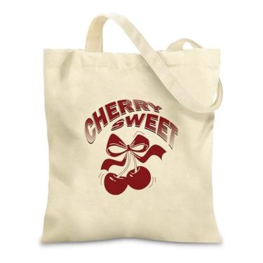 Imagem de Lednica Sacola de lona para mulheres, linda bolsa de compras reutilizável com bolso com zíper e fecho de pressão de metal, para compras, livros, viagens, Cereja 1, Large