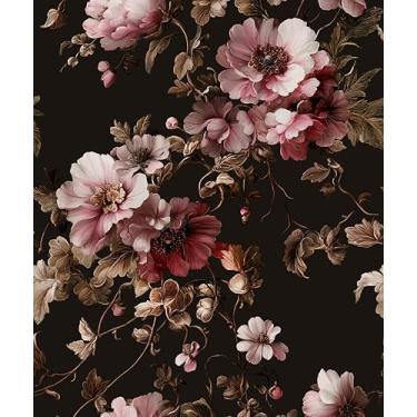 Imagem de Papel de parede floral preto descasque e cole flores vintage peônia rosa com folha marrom escuro vinil autoadesivo removível papel de contato mural de parede para paredes de quarto sala de estar