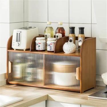 Imagem de Armário de armazenamento de bancada - Despensa de cozinha independente com 2 portas de vidro deslizantes, armário de exibição para cozinha e sala de estar, solução de armazenamento versátil