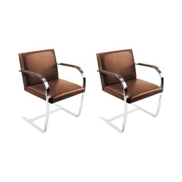 Imagem de Kit 2 Cadeiras Brno Escritório Couro Sintético Marrom Barra Chata Cromada