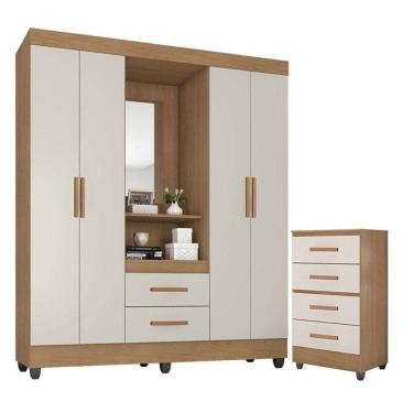 Imagem de Guarda Roupa Casal Capela E Cômoda 4 Gavetas Lite Nature Off White - Móveis Leão
