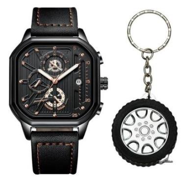Imagem de Relógio Masculino Casual Cronógrafo Pulseira Couro Chaveiro-Masculino