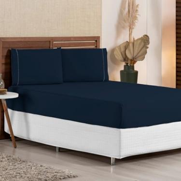 Imagem de Jogo de Lençol Casal 3 Peças Micropercal 400 Fios, Acabamento em Ponto Palito, Toque Acetinado de Hotel, Antiácaro, Não Amassa, Lençol com Elástico, Não faz bolinha, Extra Macio. (Azul Marinho)