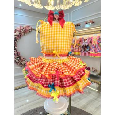 Imagem de Conjunto Xadrez Junino Infantil Amarelo Cropped Saia Festa Junina Caip