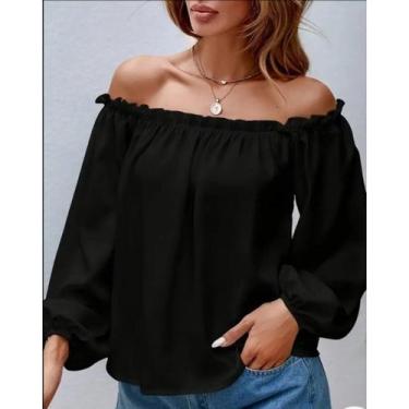 Imagem de Blusa Feminina Ombro a Ombro com Babado no ombro Manga Longa com Detal