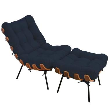 Imagem de Kit Poltrona Costela Com Puff Para Sala Veludo Azul Neros Interiores