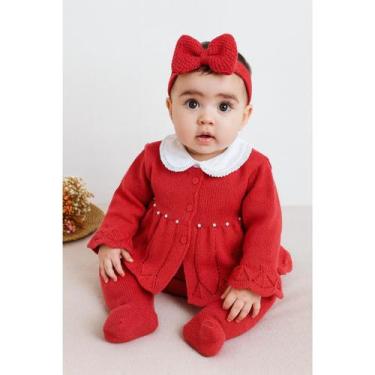 Imagem de Saída Maternidade Vermelha Pérolas Menina tricô artesanal - Estylo Bab