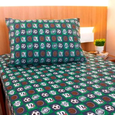 Imagem de Jogo de Cama Solteiro Linha Kids 2 Peças 70% Algodão 30% Poliéster Malha Mista com Elástico Estampado Esportes Verde