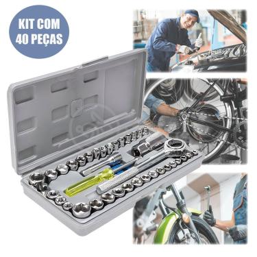 Imagem de Jogo de Soquetes com 40 Peças Completo Kit Catraca Reversível Encaixe 1-4 e 3-8 Cinza A...