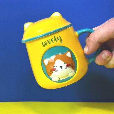 Imagem de Caneca Porcelana 3d Com Tampa E Colher Gatinho Amarela