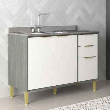 Imagem de Balcão de Cozinha para Pia 120 Cm Domus 2 Portas 3 Gavetas Silver/Branco - Hecol Móveis