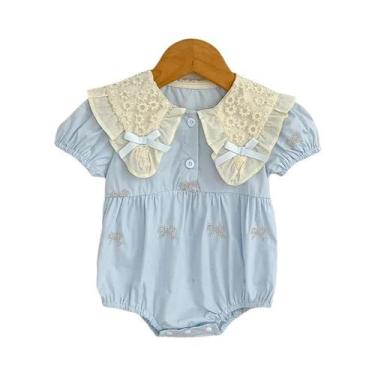 Imagem de Macacão De Bebê Menina Com Laço Bordado E Gola, Manga Curta, Roupa De 