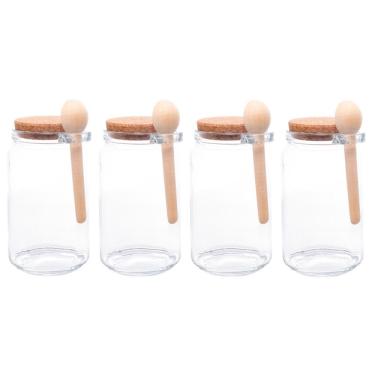 Imagem de Kit 4 Porta Temperos Redondo 650ML Vidro com Colher de Bambu Tampa Rolha para Cozinha Transparente Lyor
