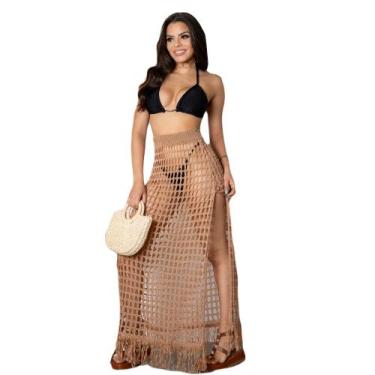 Imagem de Saída de Praia Saia Tijuca Franjas - Feminina - Centopé, Único, Bege