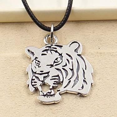 Imagem de EDCRFV Pingente de prata tibetano colar de cabeça de tigre berloque cordão de couro preto feito à mão