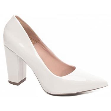 Imagem de Sapato Scarpin Feminino Off White Verniz Salto Grosso Bico Fino Tamanho:36;Cor:Branco;Gênero:Feminino