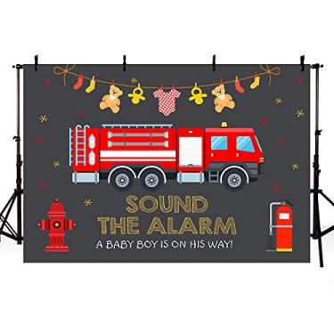 Imagem de MEHOFOND Caminhão de bombeiro menino chá de bebê pano de fundo para fotos de caminhão de bombeiro som o alarme bombeiro pequeno vermelho e preto decorações de festa faixa de fundo para mesa de sobremesa 2,1 x 1,5 m