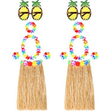 Imagem de 2 conjuntos de saia havaiana de grama hula havaiana de 60 cm com acessórios de flores de abacaxi, palha (saias de cor canuda)
