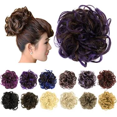 Imagem de IMISSU 2PCS de cabelo bagunçado coque updo scrunchies falsos rabo de cavalo extensão de cabelo ondulado encaracolado chignon faixa de cabeça para meninas (2PCS Marrom Roxo)