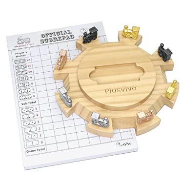 Imagem de Plusvivo Conjunto de acessórios de dominó mexicano - incluindo uma peça central de madeira para 8 jogadores, 8 marcadores de trem de metal e um bloco de pontuação de 70 folhas