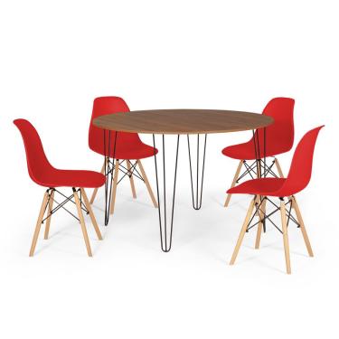 Imagem de Conjunto Mesa de Jantar Redonda Hairpin 120cm Natural com 4 Cadeiras Eames Eiffel - Vermelho