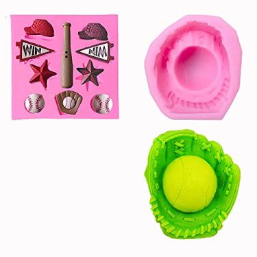 Imagem de Conjunto de 2 peças de moldes de silicone para luva de softbol de beisebol para fazer doces de fondant molde de chocolate sobremesas pirulito cubo de gelo goma de argila sabão biscoito gesso resina topo de cupcake festa de aniversário moldes de decoração de bolo