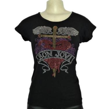 Imagem de Tshirt Camiseta Feminina Bon Jovi Aplicação Em Strass - Safira Rocks