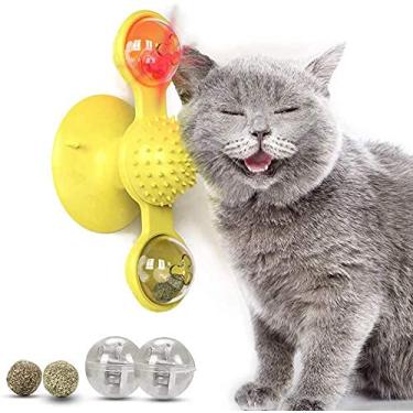 Imagem de Brinquedos de gato para gatos em ambientes fechados, brinquedos de mastigação interativos com erva-dos-gato, escova de dentes, brinquedos engraçados, gatos, escova de cabelo, massagem, arranha, cócegas e ventosa (amarelo)