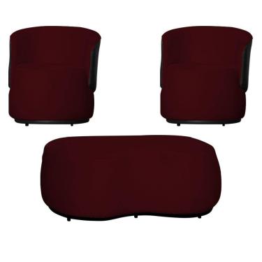 Imagem de Kit 2 Poltronas Decorativas e 1 Puff Grande Estilo Orgânico Beatriz Suede Composê Corino Preto - Estopar