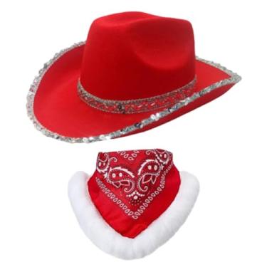 Imagem de rockible Chapéu de cowboy de natal com cachecol para mulheres, meninas, aba larga, chapéu de papai noel para festa de máscaras, presente, lembrancinhas, estilo B