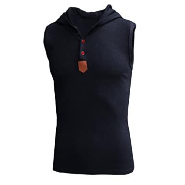 Imagem de Camiseta masculina P moda masculina casual botão colete com capuz top respirável sem mangas elástico justo chinelo, Azul-marinho, XXG