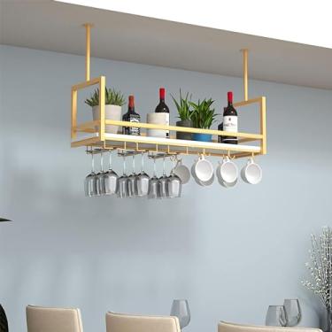 Imagem de Rack de vinho com guarda-corpo, rack de vidro de vinho de teto, suporte de garrafa de vinho de madeira de metal suspenso com 2 tipos de rack de vidro de vinho, para cozinha de bar café, ouro