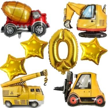 Imagem de Kit 4 Balões Metalizados Construção, Guindaste, Retroescavadeira, Empilhadeira, Betoneira + 3 Estrelas + Número Gigante (Dourado (0))