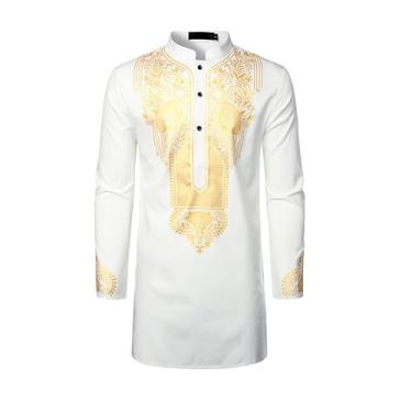 Imagem de Camisa masculina tradicional africana de manga comprida com padrão brilhante estampado deslumbrante com botões tribais camisa superior casual (Color : White, Size : S)